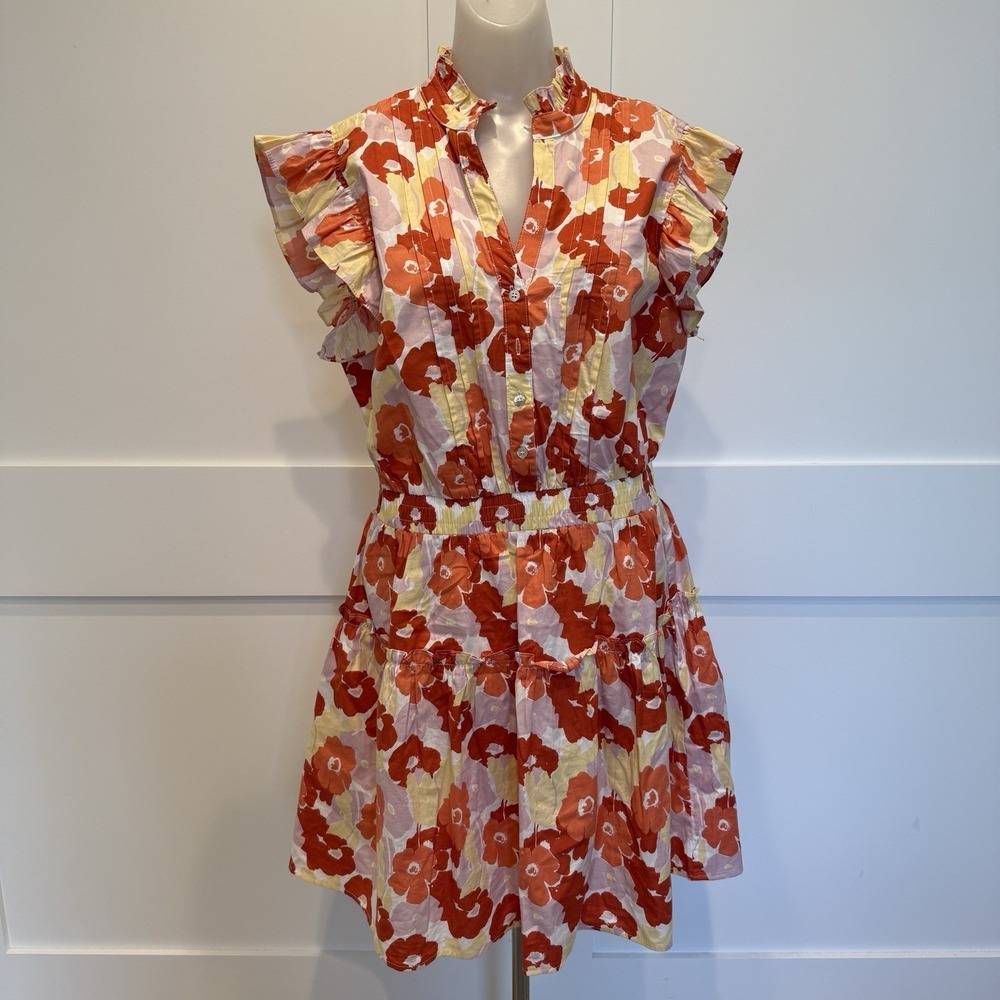 Pinch Floral Ruffle Sleeve Mini Dress Pink Orange Yellow Cottagecore Boho Size L